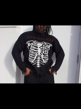 Black Distressed Skeleton Graphic Sweater